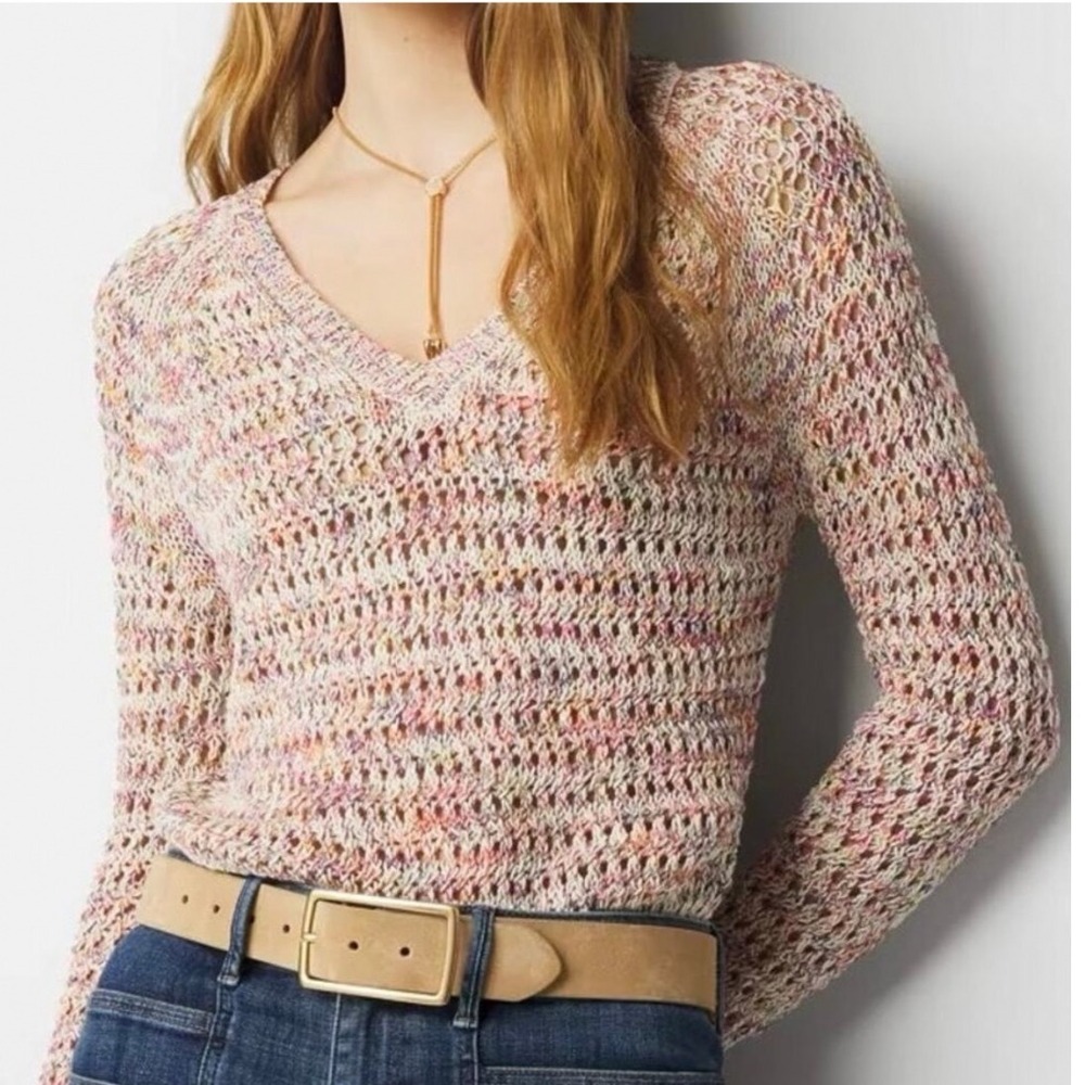 White House Black Market WHBM Space Dye Open Stitch V-Neck Sweater S Multi NWOT